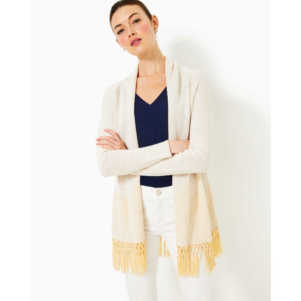 Women's Lilly Pulitzer Size Small Tatum Small Gold Metallic Fringe Hem Cardigan